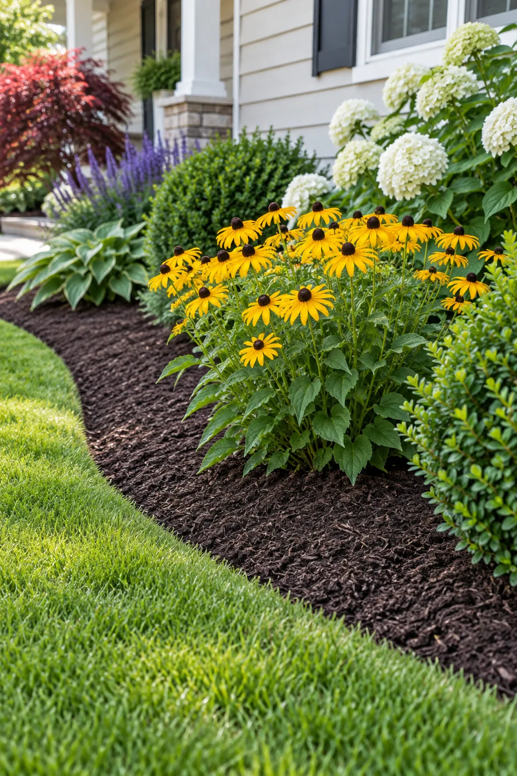 Lush green hostas growing in dark mulch right next to a neatly trimmed green lawn.