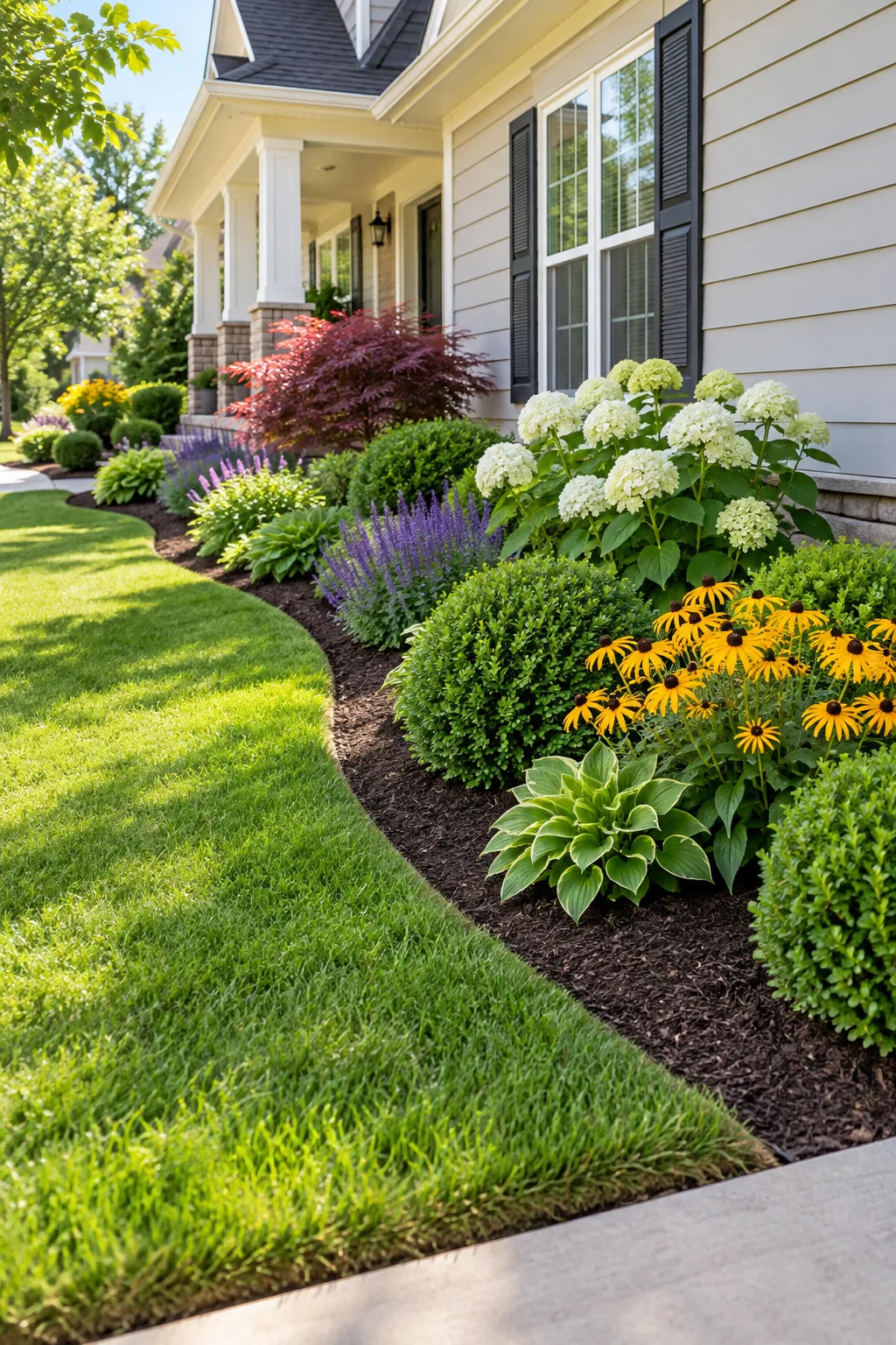 Dark shredded hardwood mulch spread neatly around the stems of yellow perennials and green shrubs.