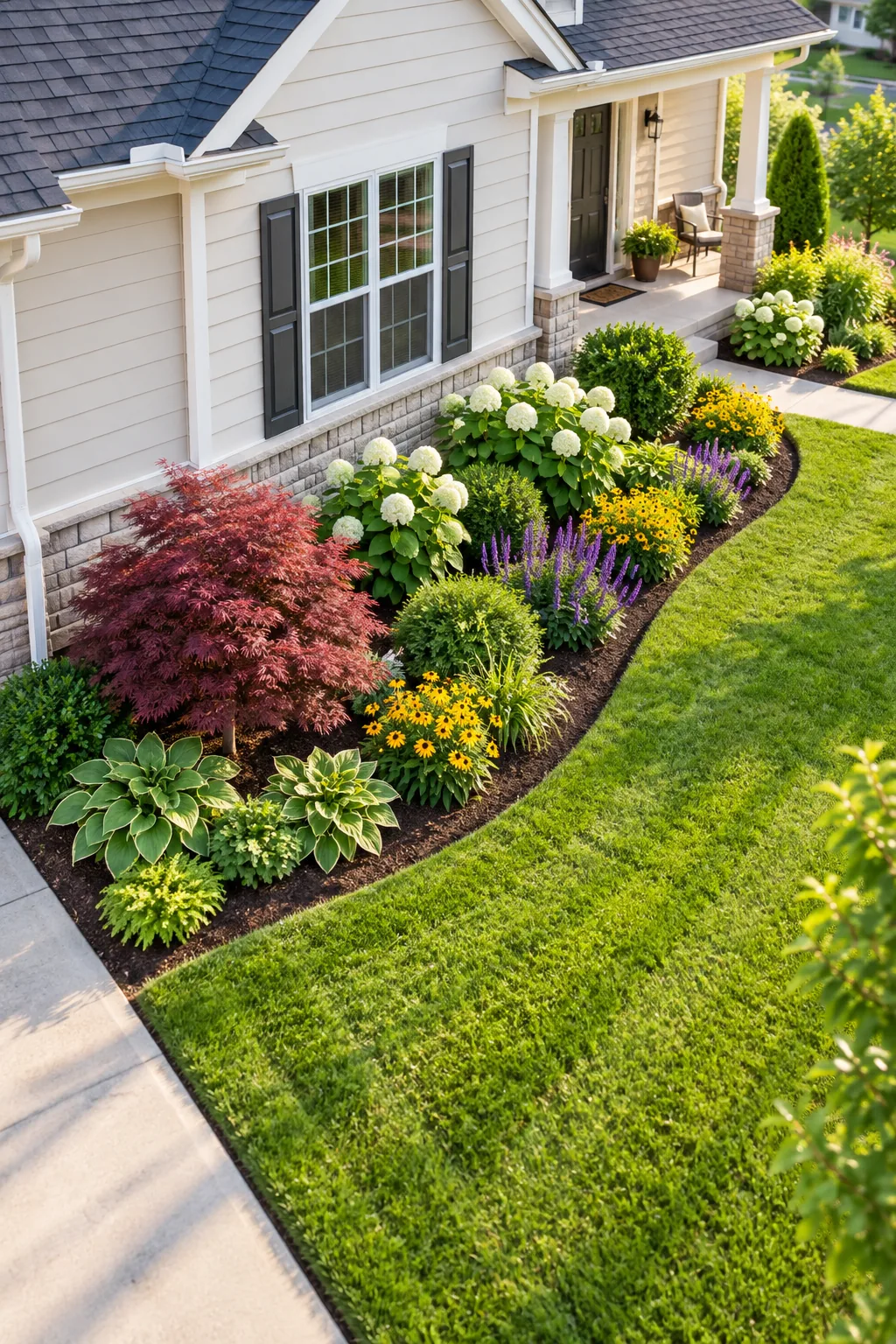 A wide view of a fully landscaped front yard featuring perfectly spaced shrubs, trees, and perennials.