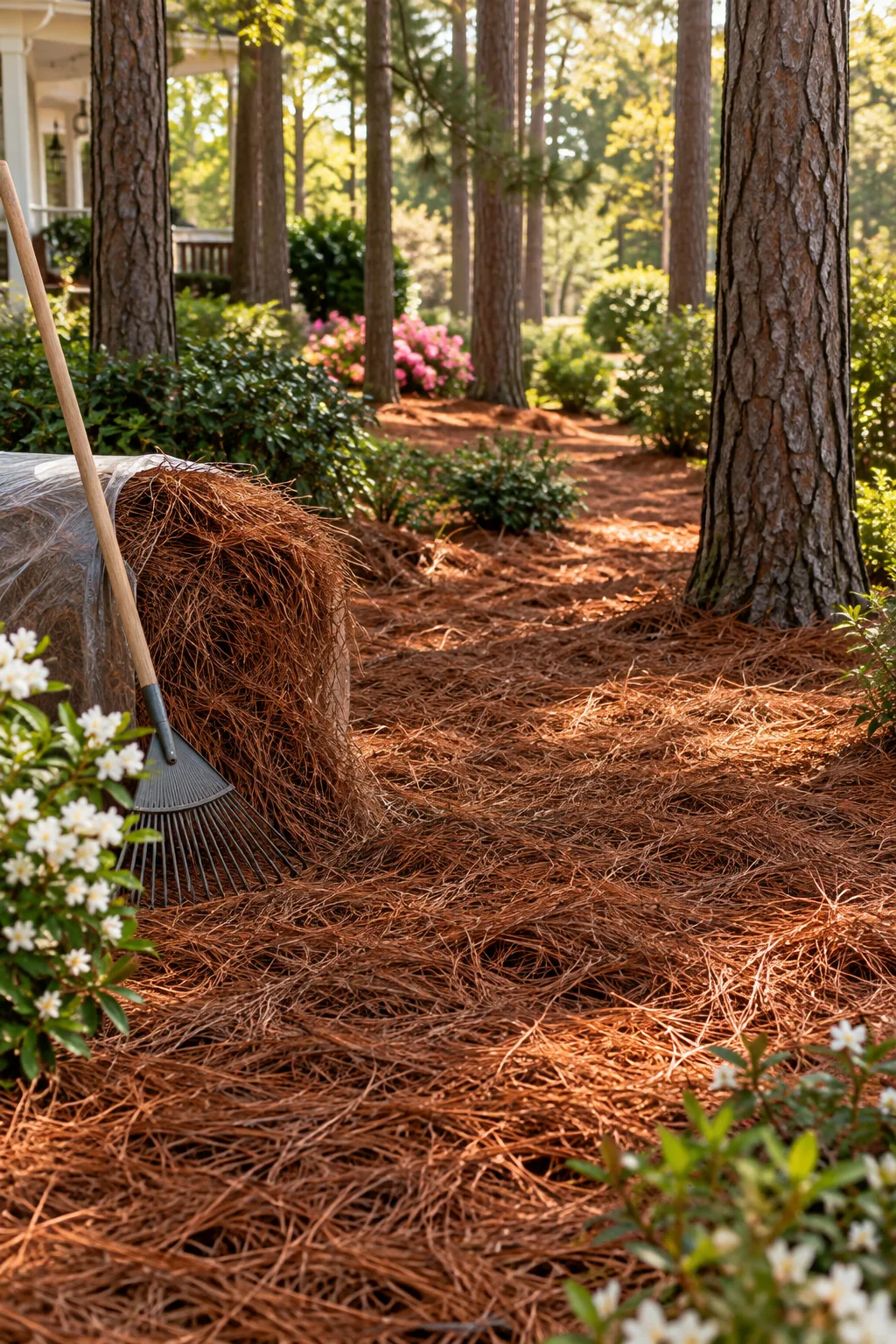 Reddish-brown pine straw mulch spread thickly under large evergreen trees.