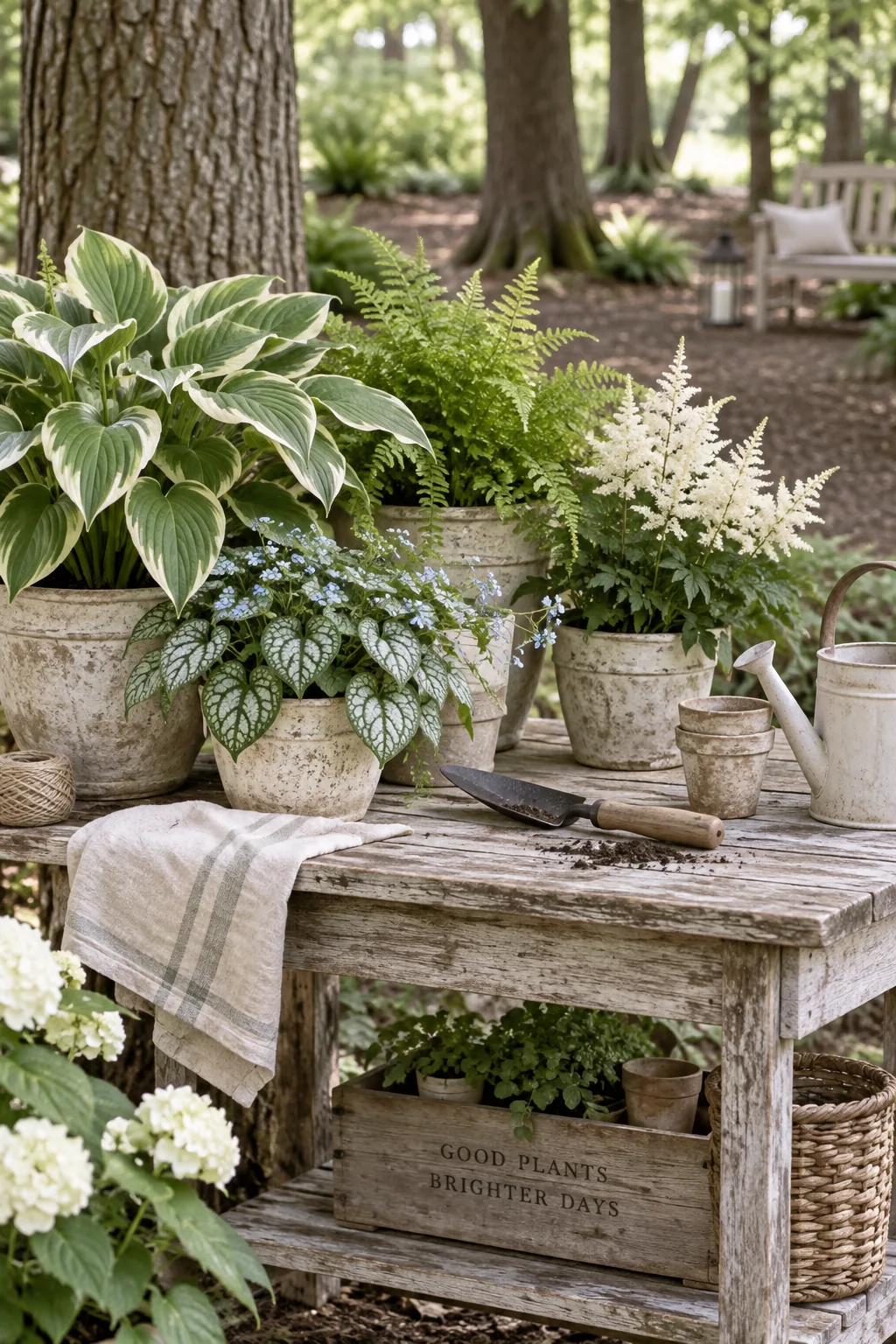 Lush green hostas and ferns growing densely in a shaded garden bed.
