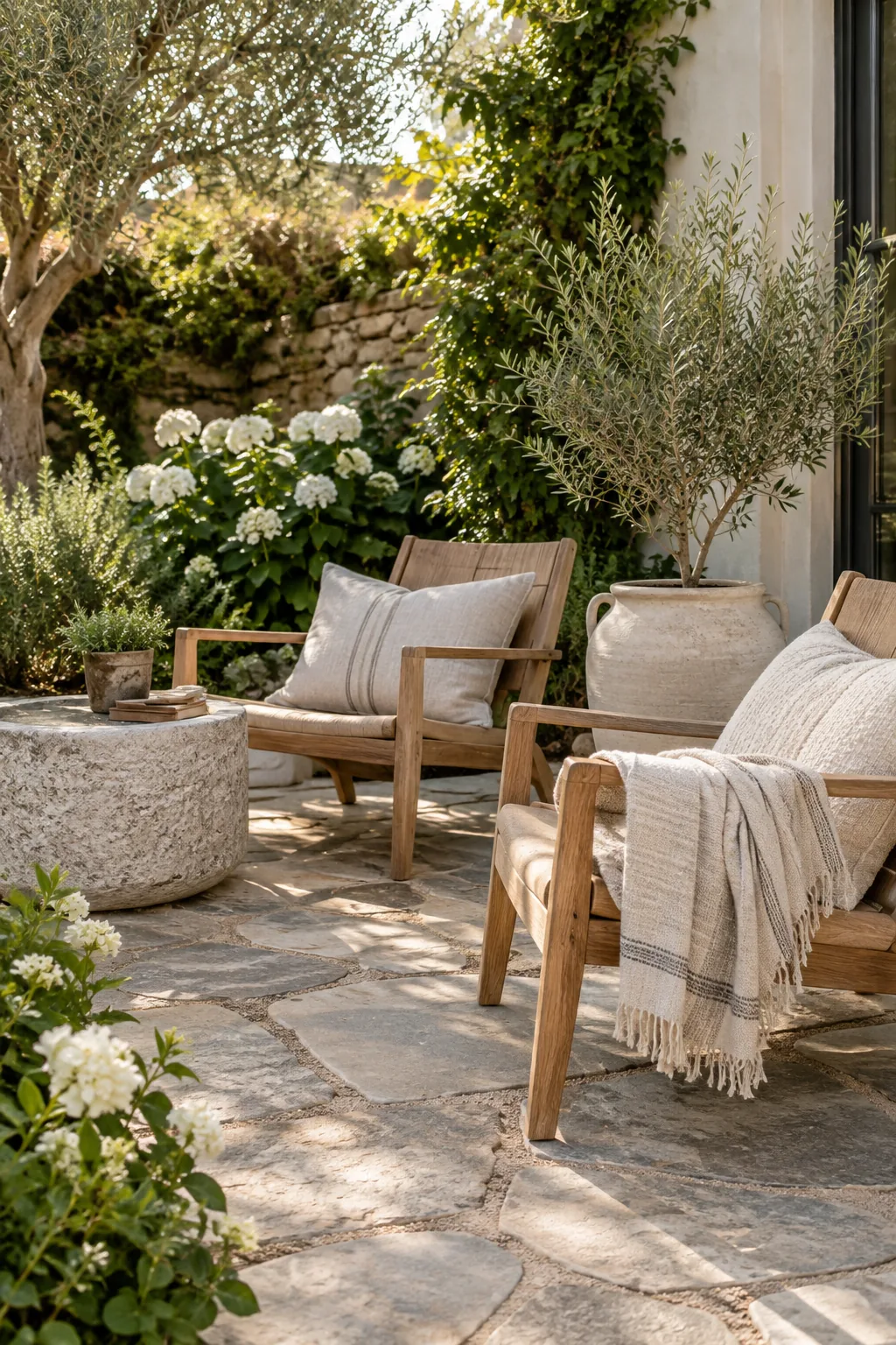 Irregular flagstone pavers set into a sand base to create a rustic seating area.