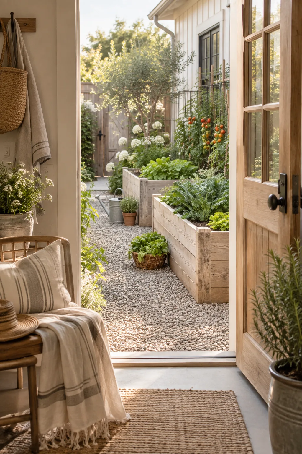 Three wooden raised garden beds filled with vegetables sitting on a gravel base.