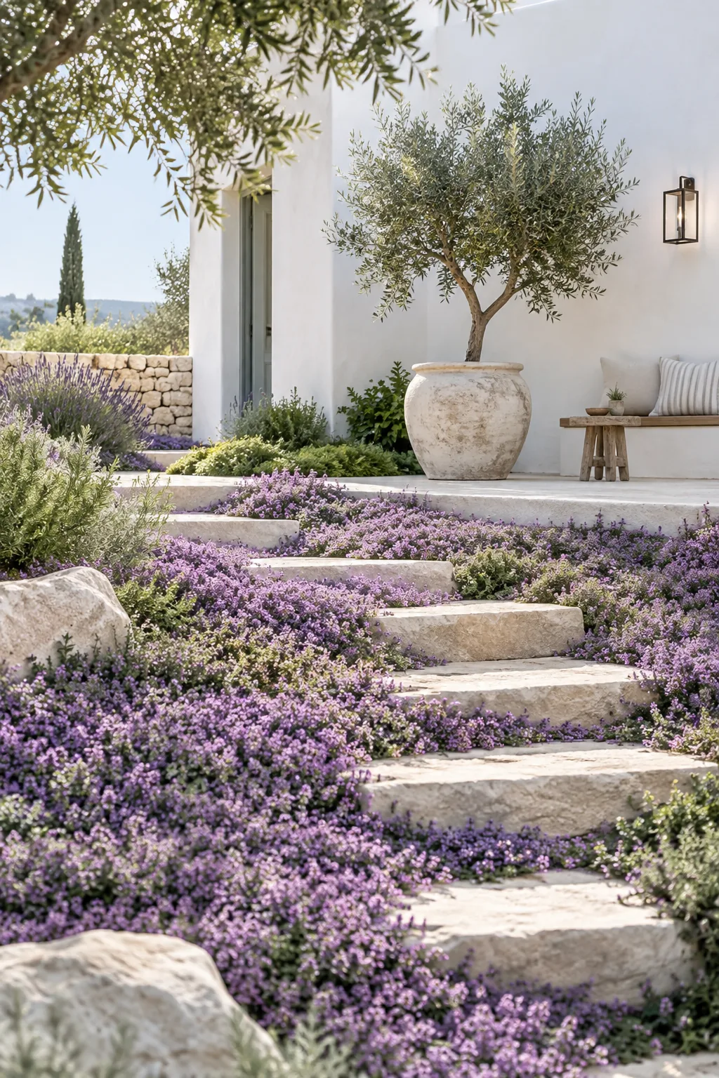 A dense mat of creeping thyme with tiny purple flowers growing between stepping stones.