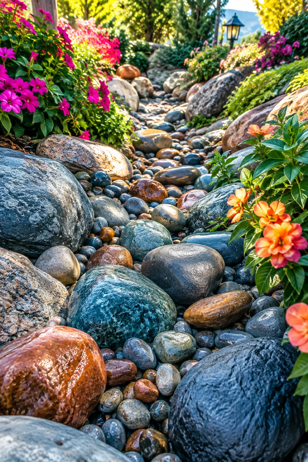 A curved dry creek bed lined with smooth river rocks of varying sizes.
