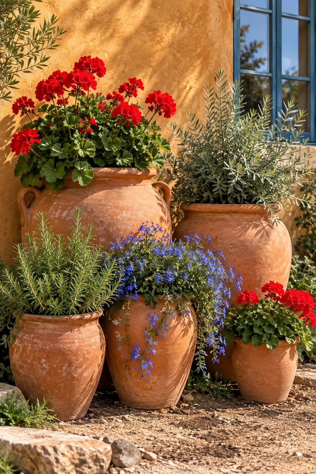 A cluster of three large terracotta planters filled with colorful flowers on bare dirt.