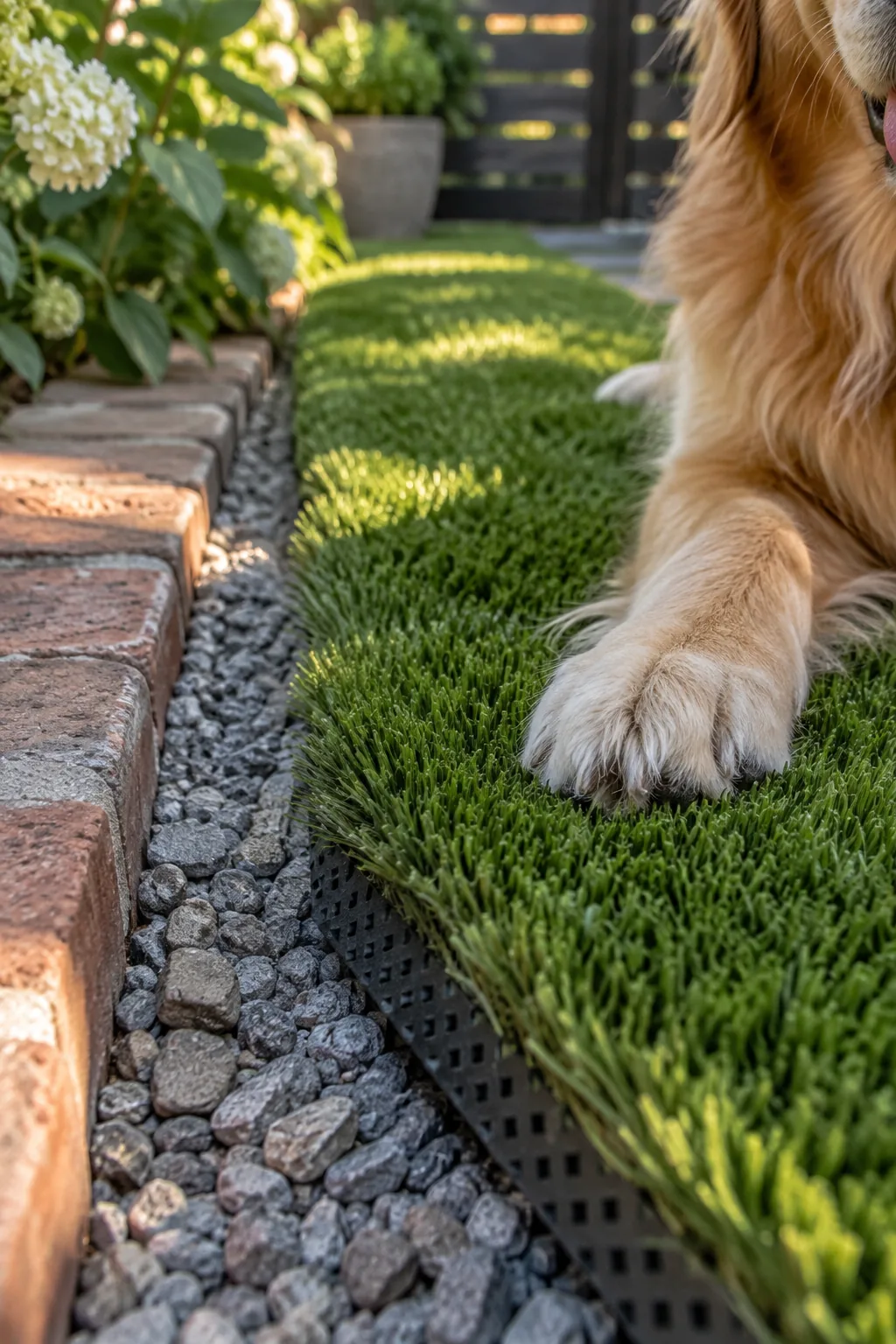 A perfectly manicured patch of artificial turf in a heavily shaded side yard.