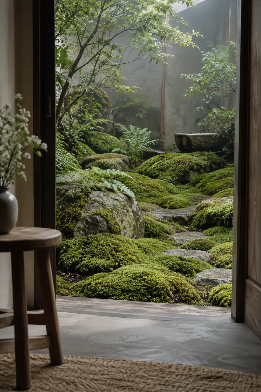 A velvety green moss garden growing over rocks and damp soil in deep shade.