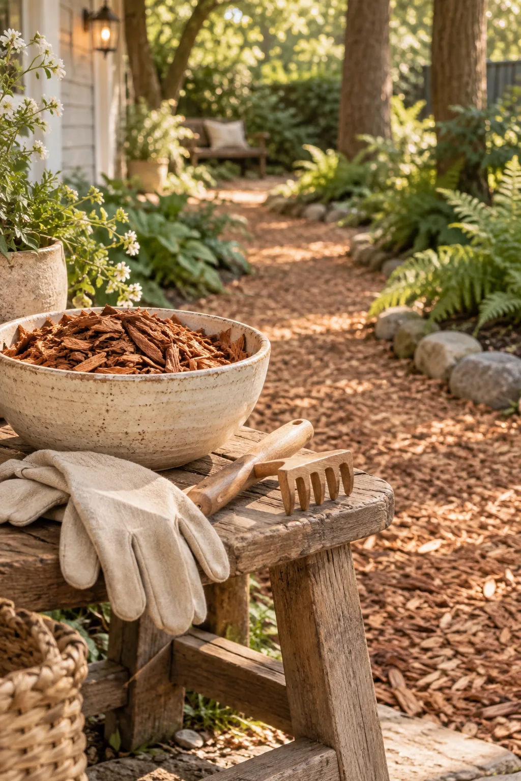 A rustic walking path made of thick cedar wood chips winding through a garden.