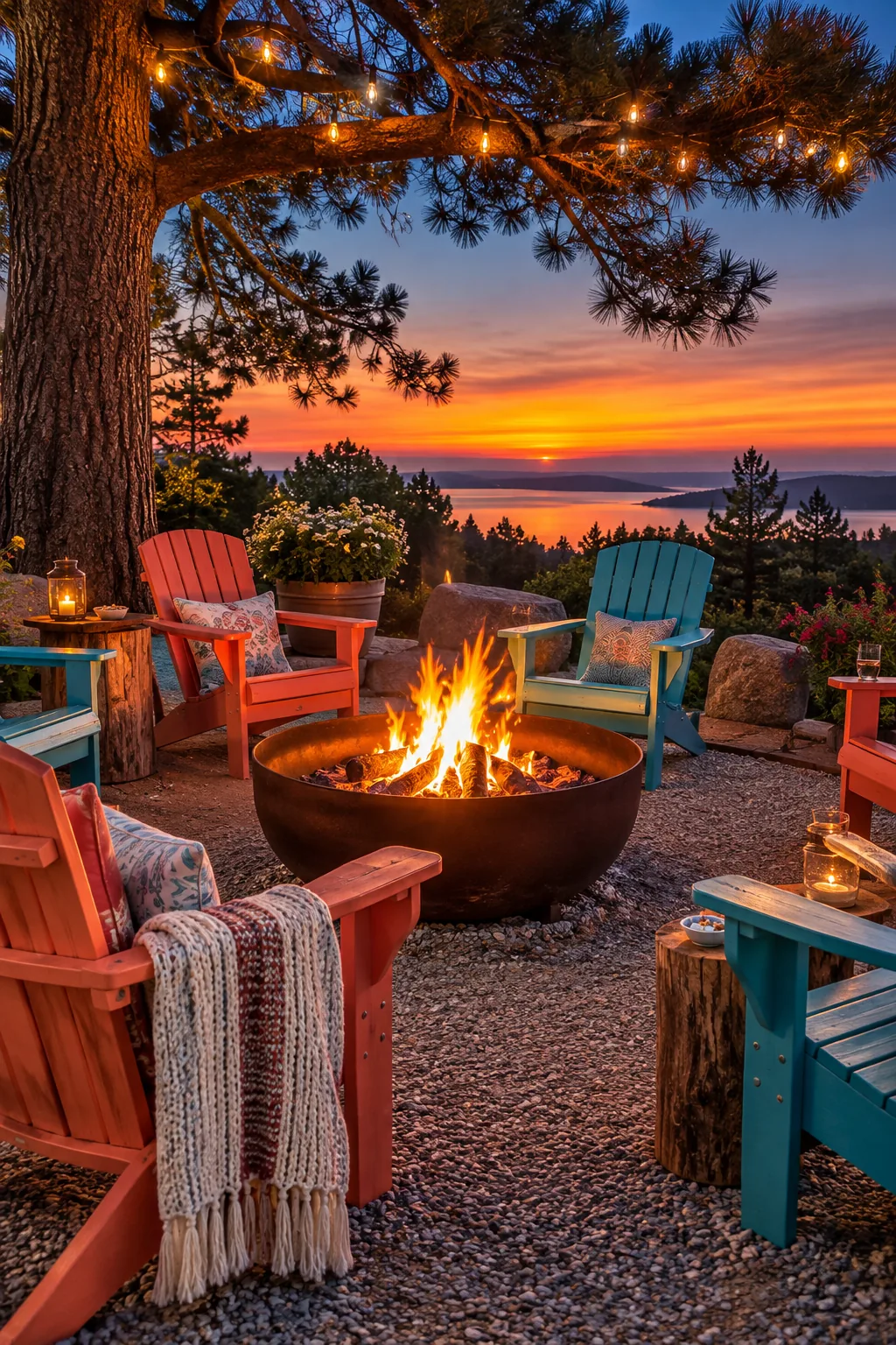 A circular fire pit surrounded by Adirondack chairs sitting on crushed granite.