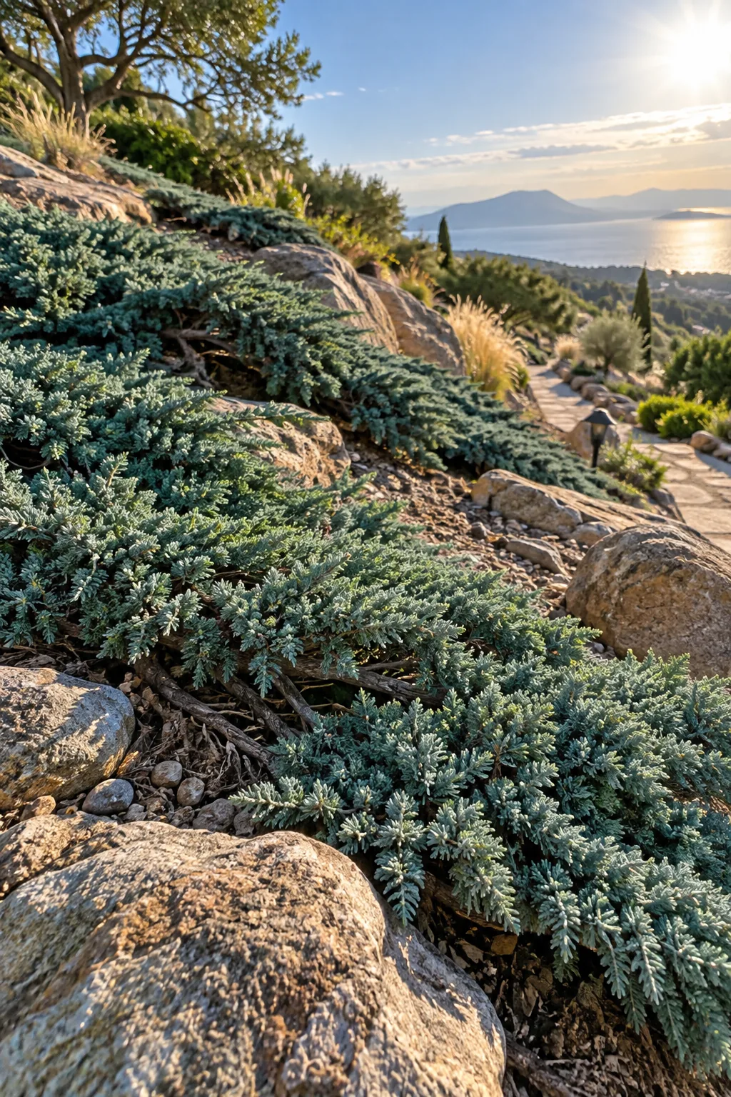 Low-growing creeping juniper spreading horizontally across a steep, dry hillside.