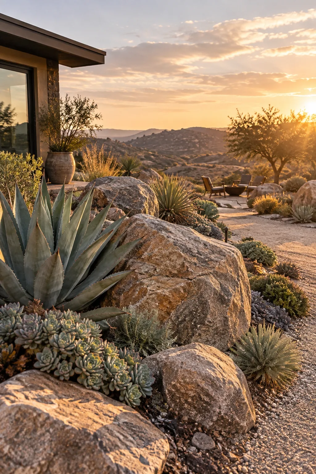 A large landscape boulder partially buried in dirt, surrounded by small succulents.