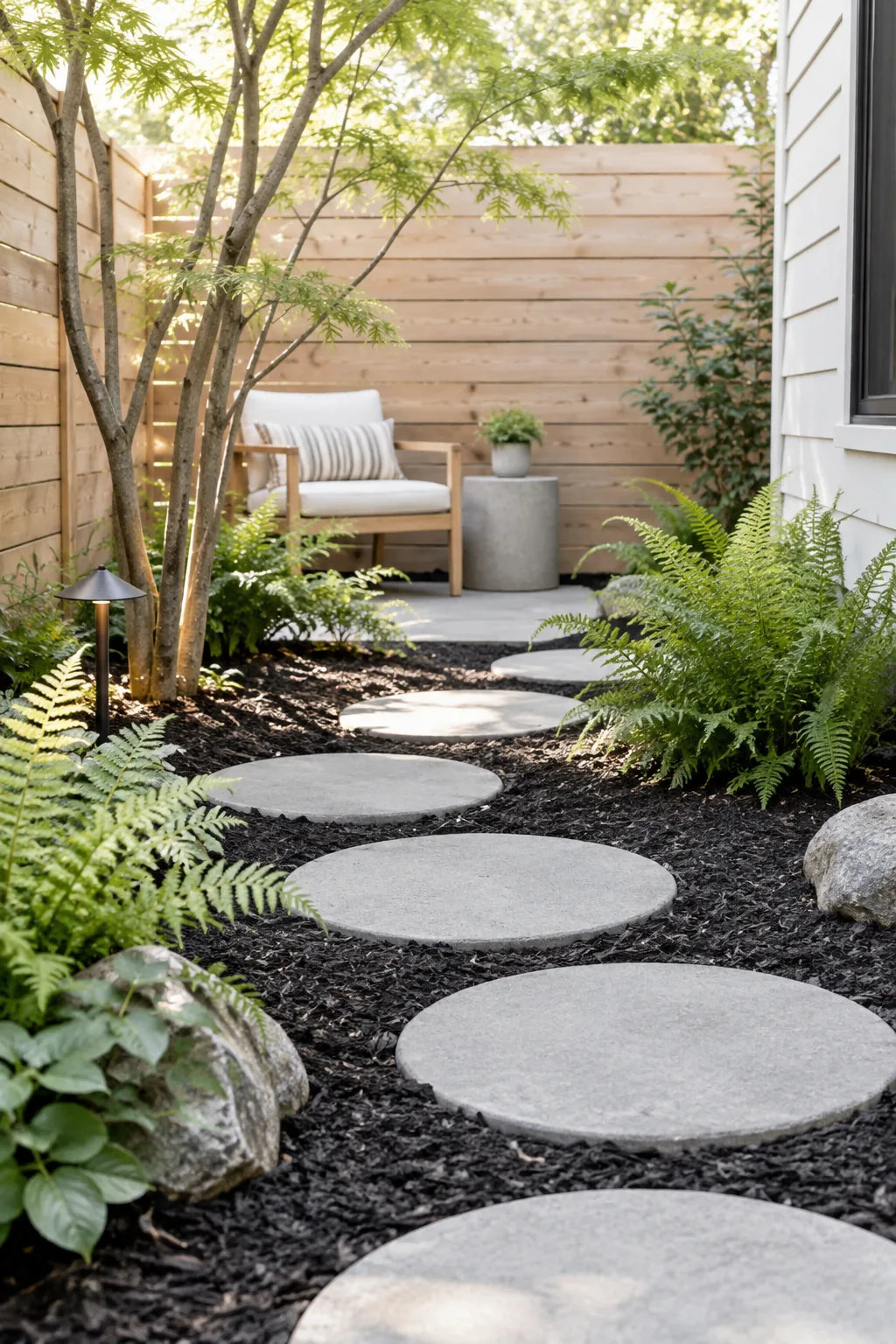 Round concrete stepping stones set flush into black mulch to form a geometric path.