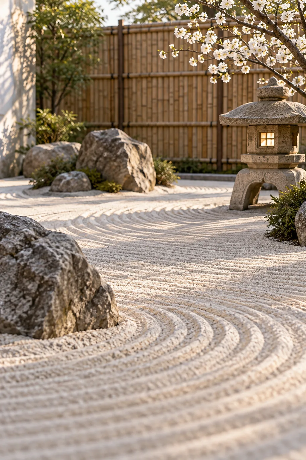 A minimalist zen garden with raked sand, carefully placed rocks, and a stone lantern.