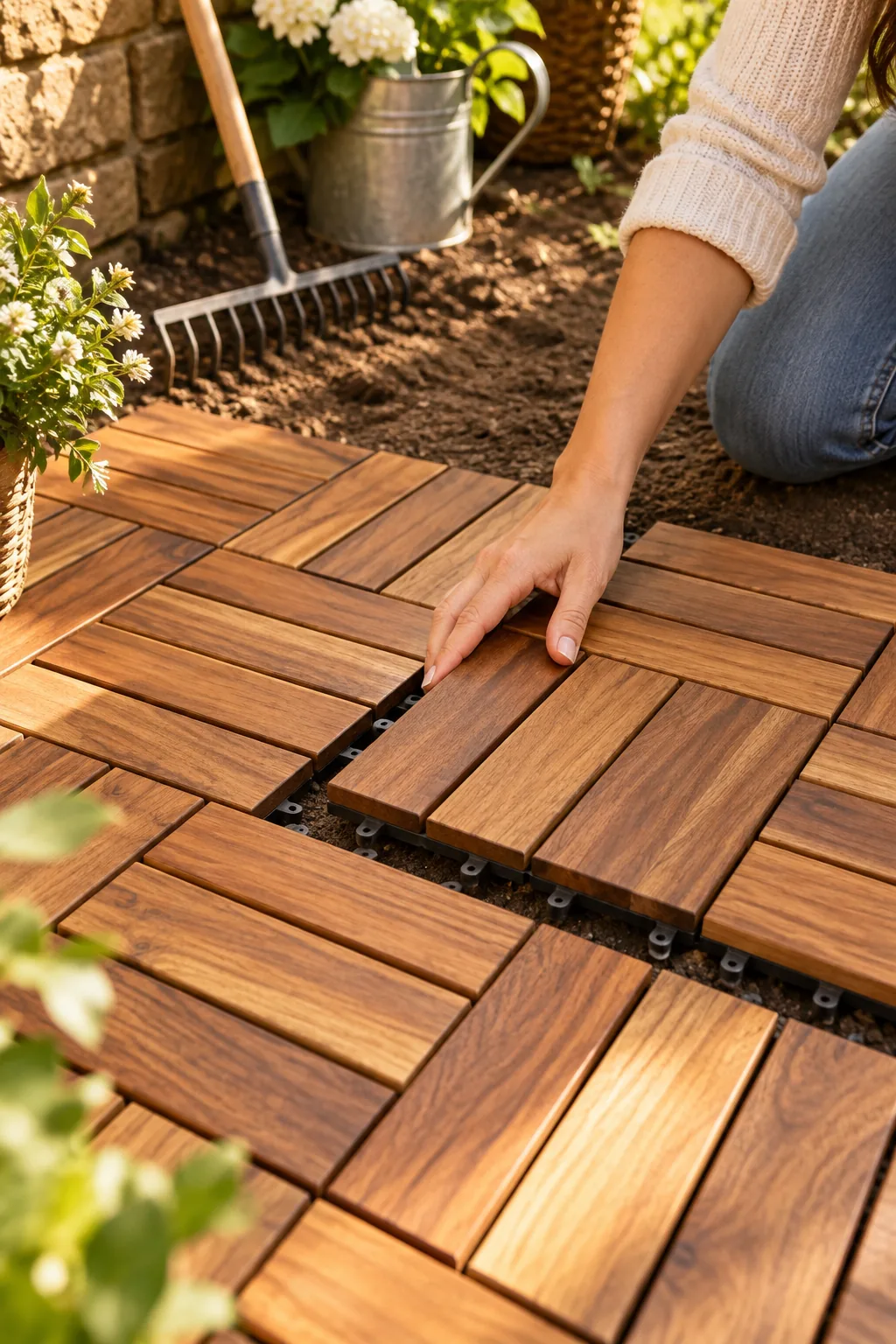 Interlocking wooden deck tiles snapped together to form a floating patio over bare dirt.