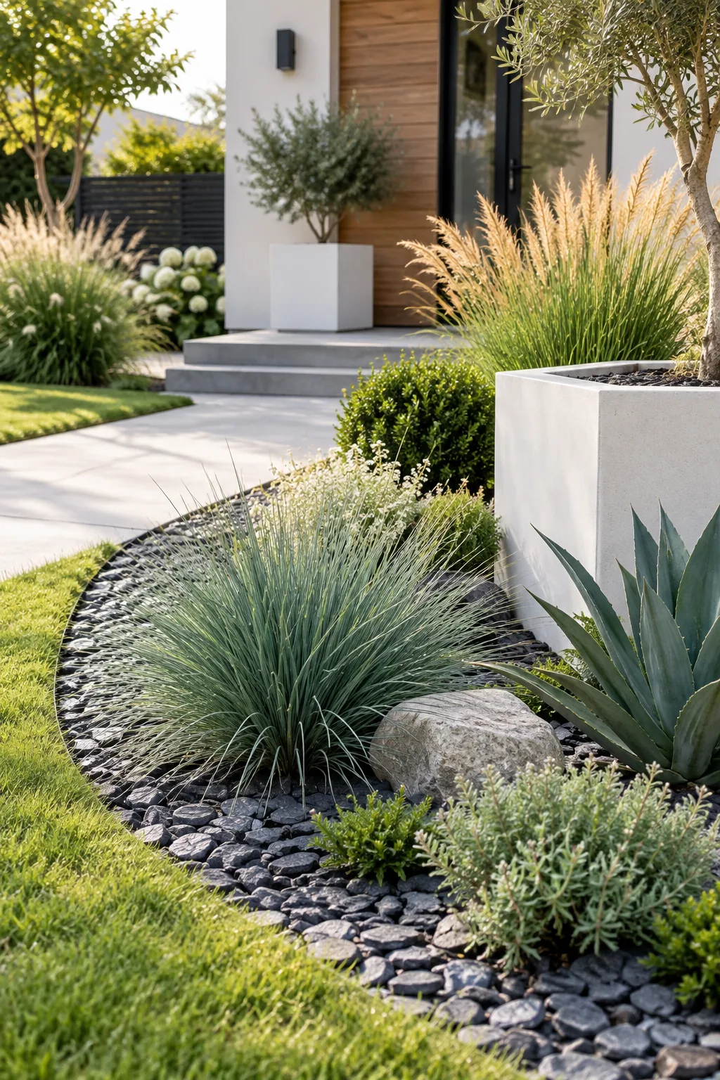 Modern minimalist garden bed with slate chips and ornamental grasses.