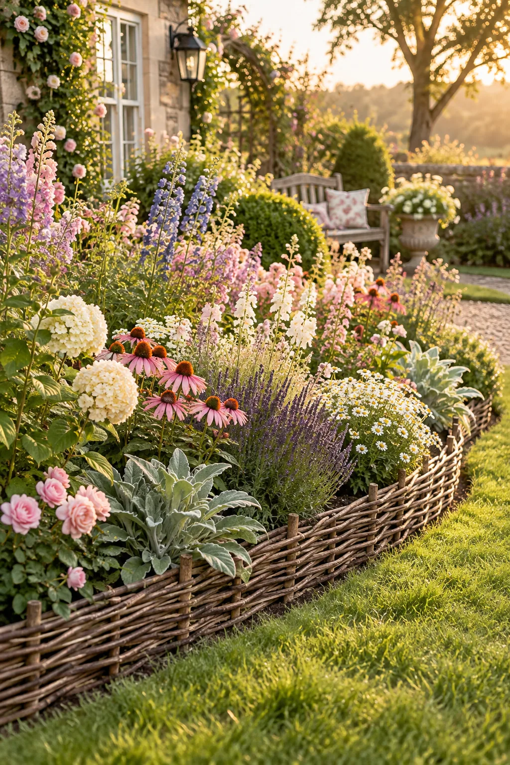 Cottage garden bed with mixed pastel blooms and woven wattle edging.