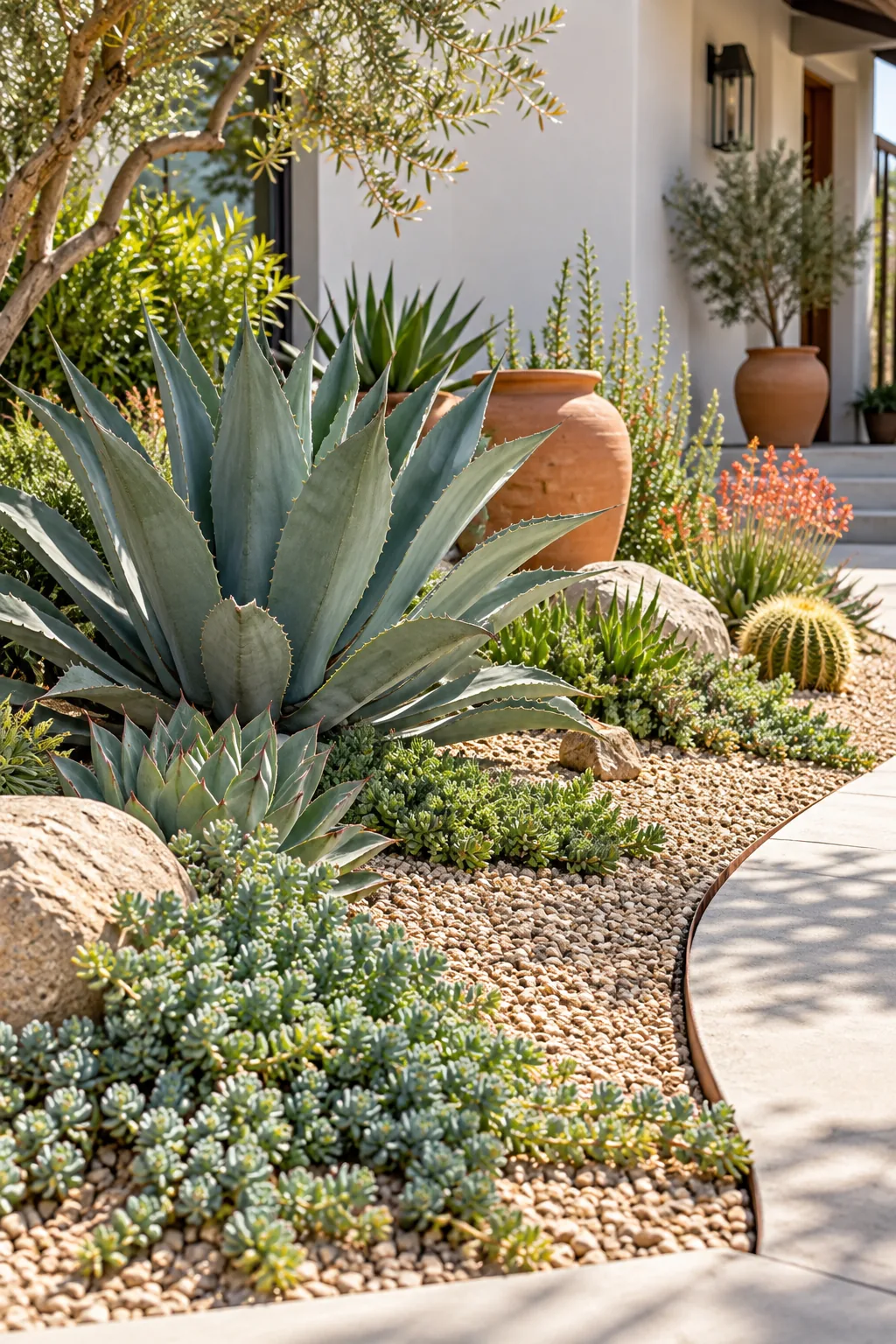 Drought-tolerant garden bed with gravel mulch, agave, and succulents.