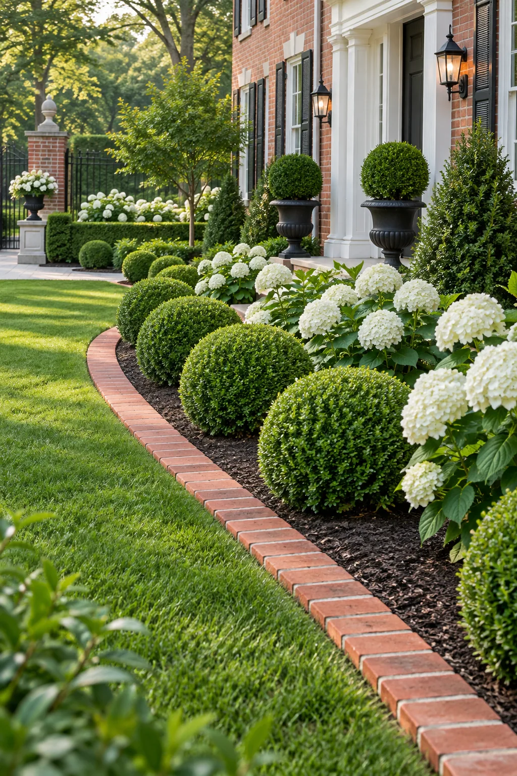 Formal estate garden bed with symmetrical boxwoods and brick edging.