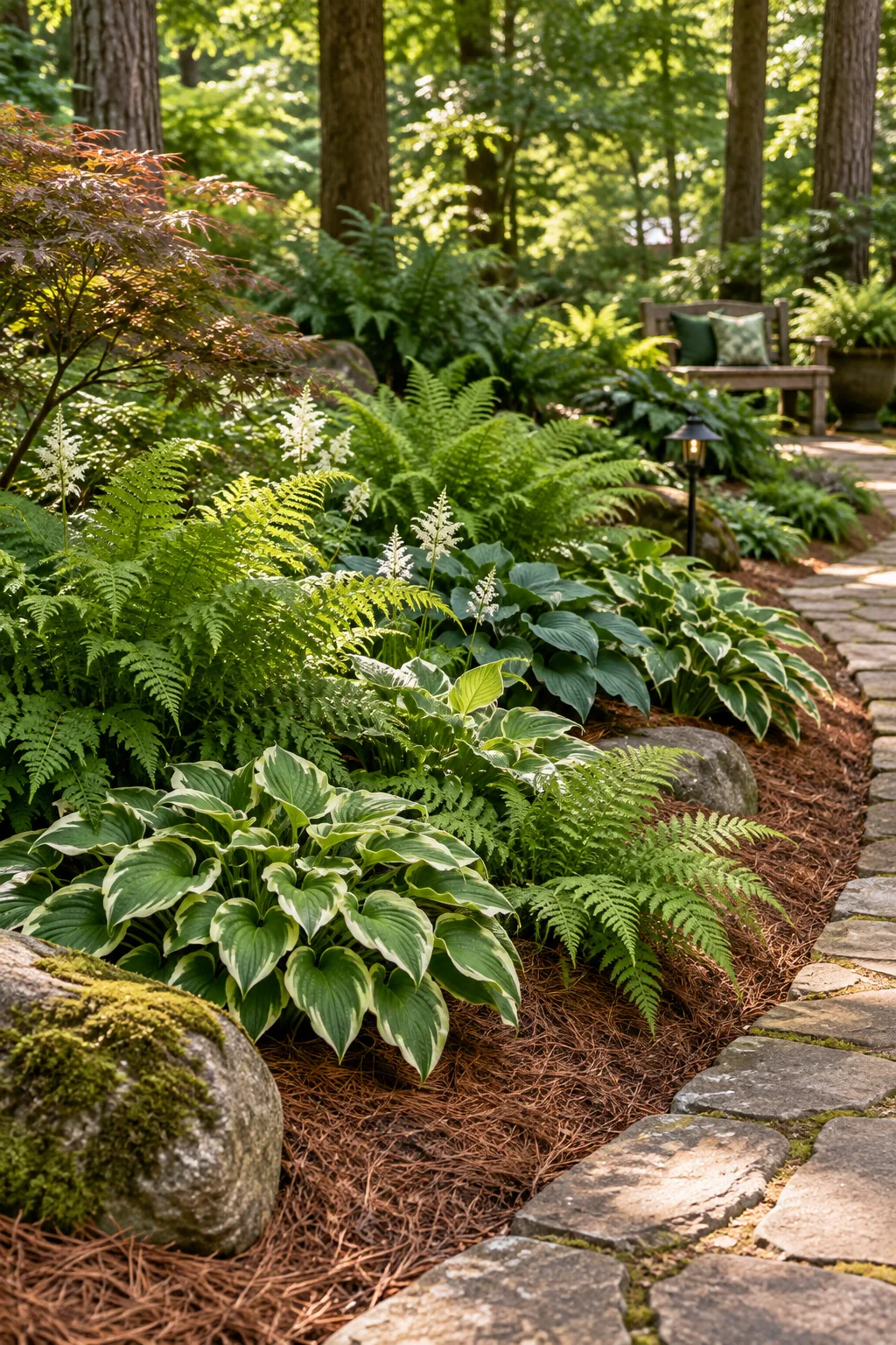 Woodland shade garden bed with ferns, hostas, and pine needle mulch.