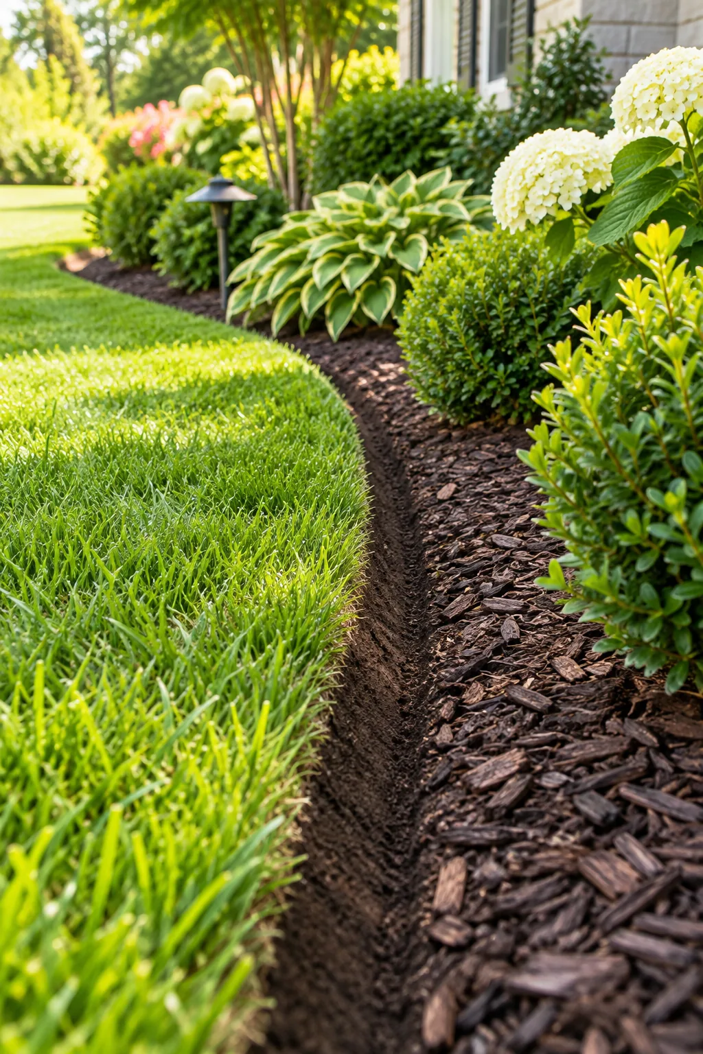 Deep V-shaped trench edge separating green lawn grass from dark garden mulch.