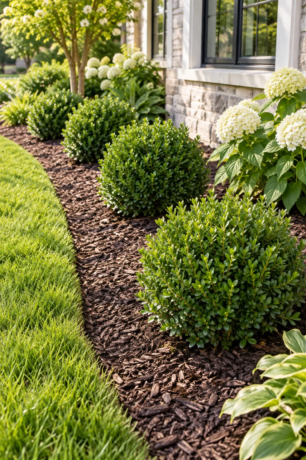 Young boxwood shrubs planted in a garden bed with wide mulch gaps between them.