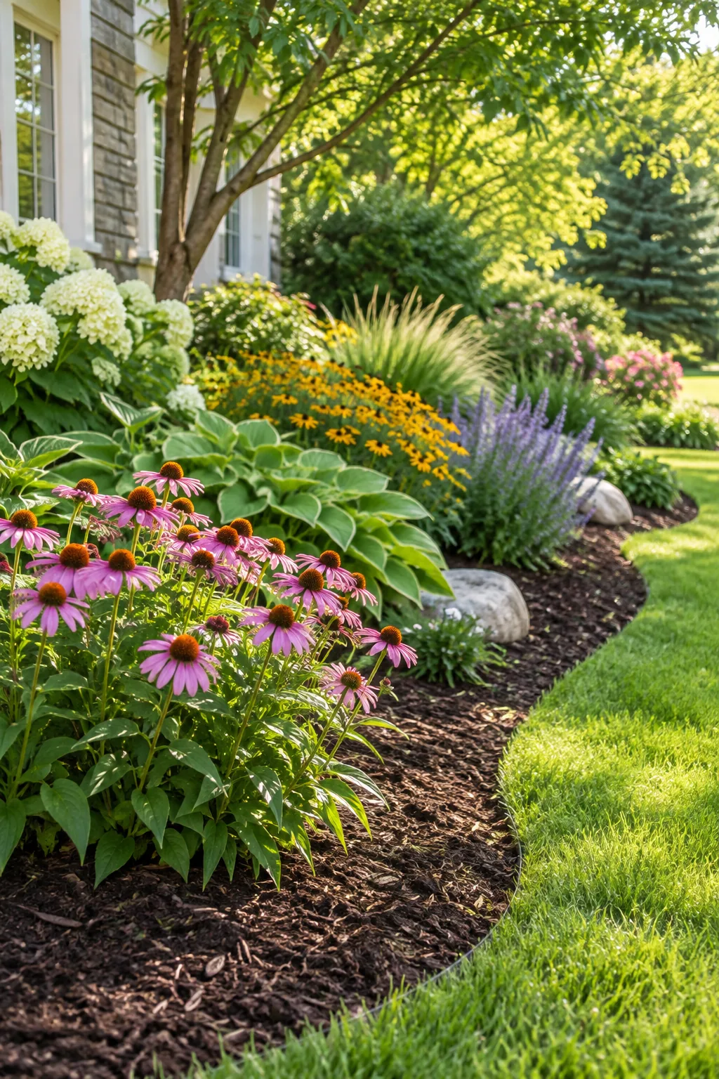 Purple coneflowers growing out of a smooth layer of dark brown bark mulch.