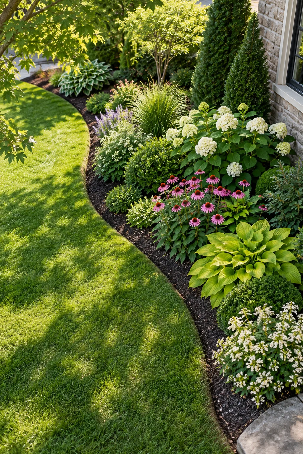 Lush garden bed with vibrant green foliage and blooming perennials.