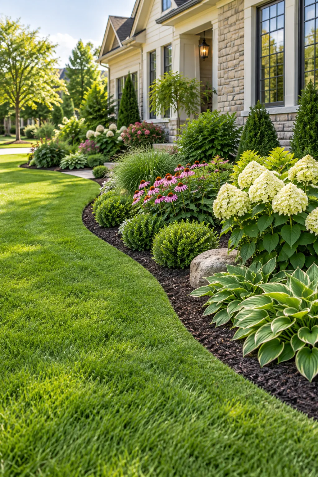 Wide view of a curved front yard garden bed with evergreens and perennials.