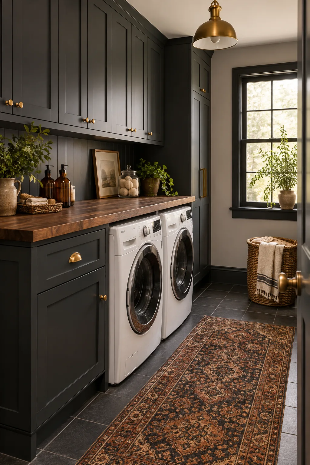 A moody laundry room with dark charcoal cabinets, a walnut wood counter, and brass hardware.