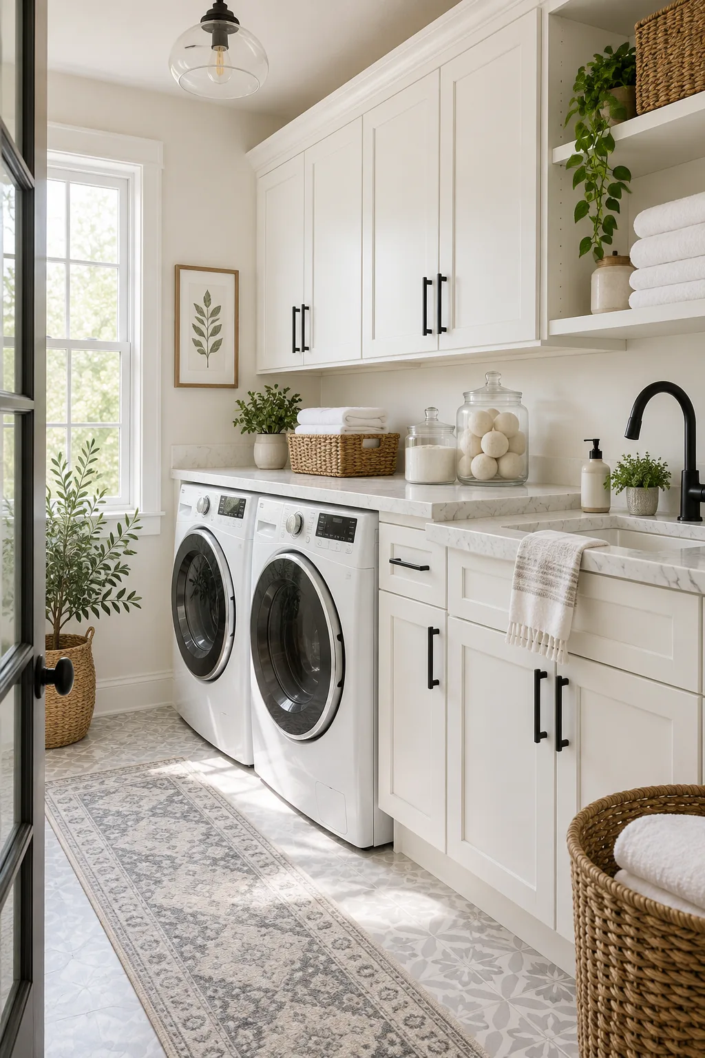 A bright laundry room featuring white shaker cabinets, a marble-look quartz counter, and black hardware.