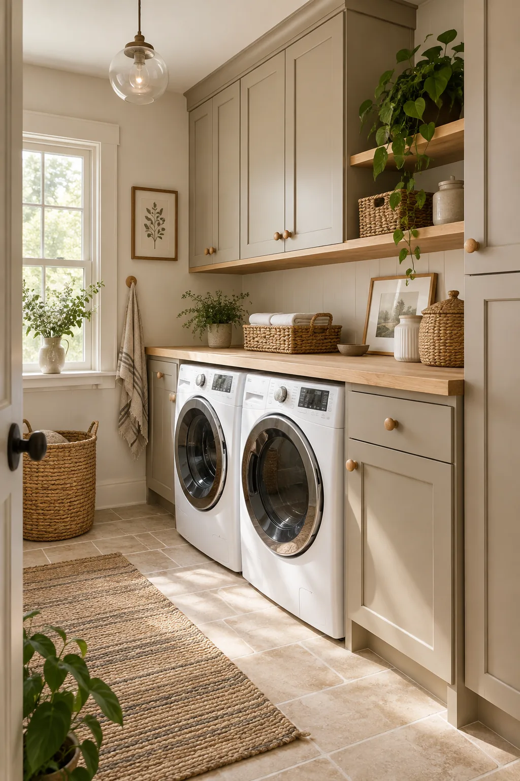 A relaxed coastal laundry room with beige cabinets, a light oak counter, and woven baskets.