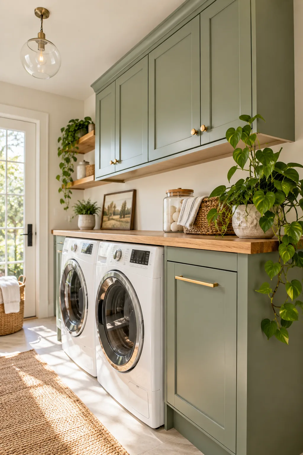 Wide view of a laundry room with green cabinets and a wood counter spanning across a side-by-side washer and dryer.