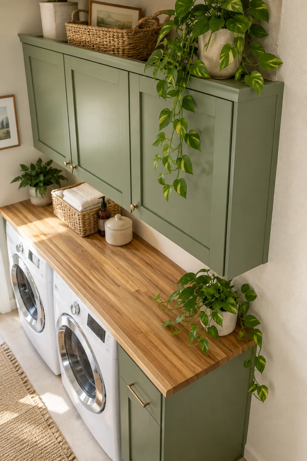 Short sage green upper cabinets mounted high on a laundry room wall above a wooden counter.