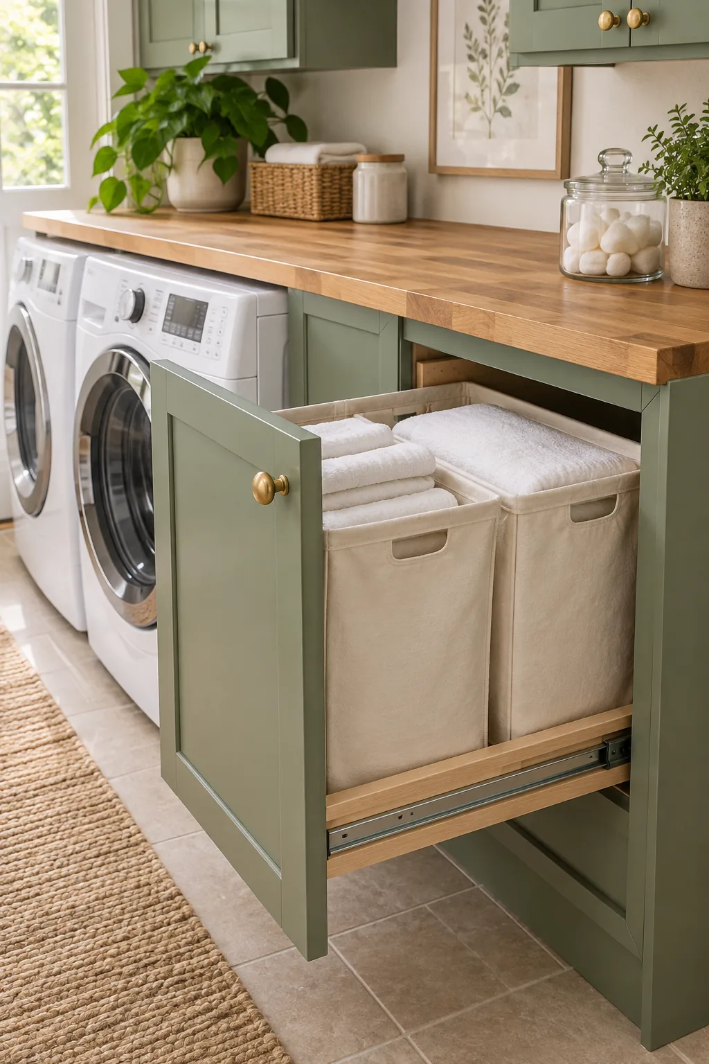 A green base cabinet drawer pulled open to reveal two canvas hamper bags inside.