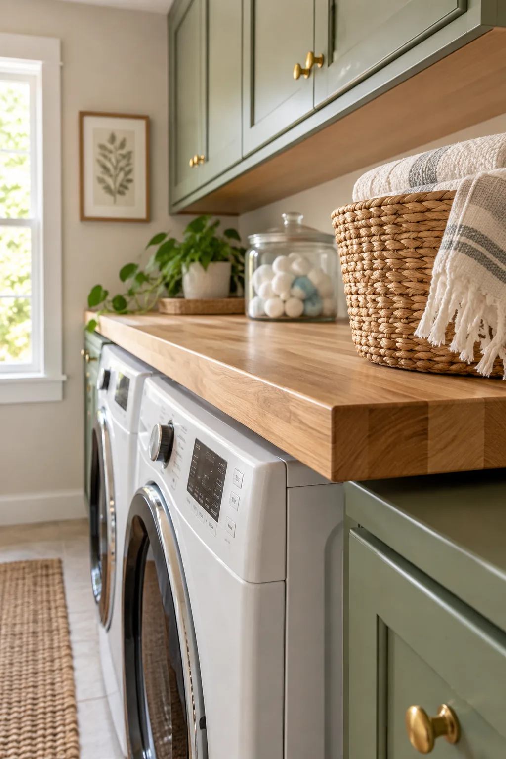The back edge of a wooden countertop resting securely on a wooden wall cleat above a washing machine.