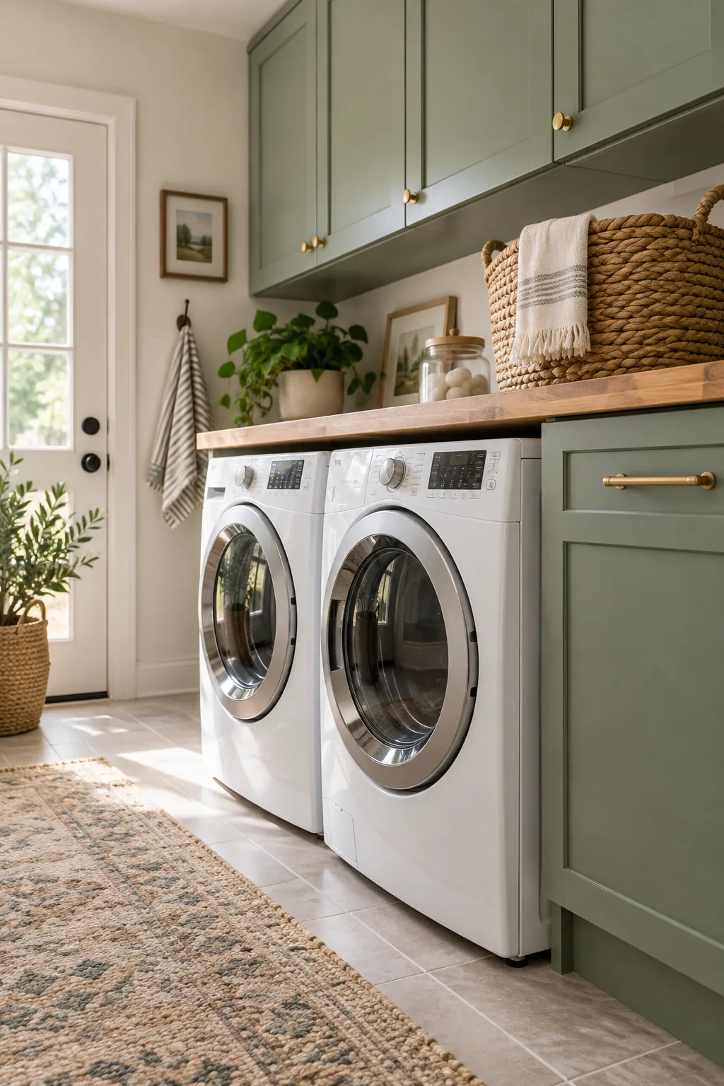 Close-up of a thick wooden countertop hovering slightly above the top edge of a white washing machine.