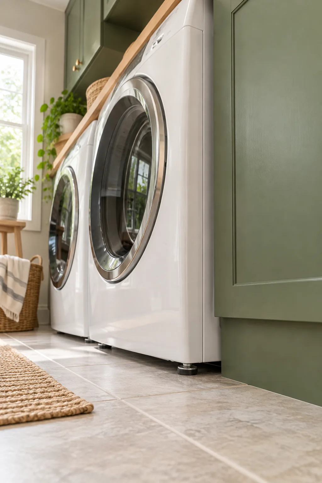 Low angle view of washing machine leveling feet and a green cabinet toe kick on a tiled floor.
