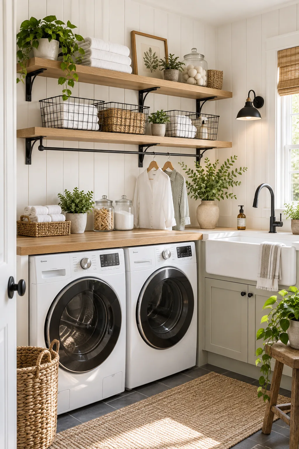 Modern farmhouse laundry room with white oak shelves on black brackets against white shiplap.