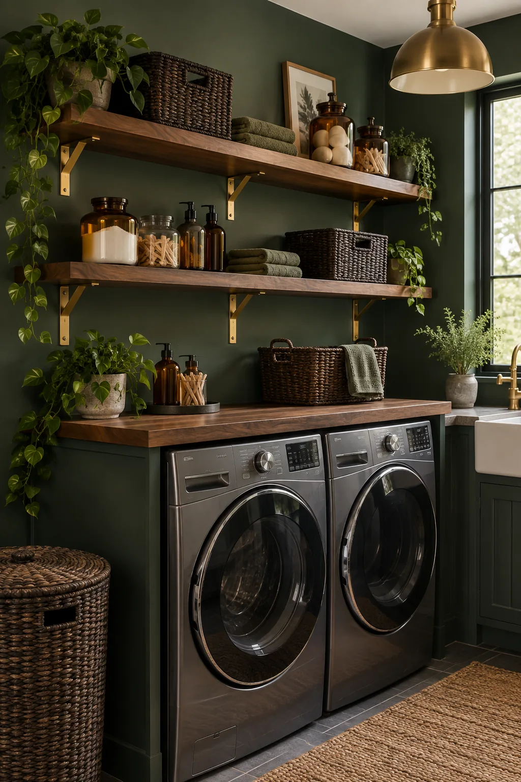 Moody laundry room with dark walnut shelves and brass brackets against a dark green wall.