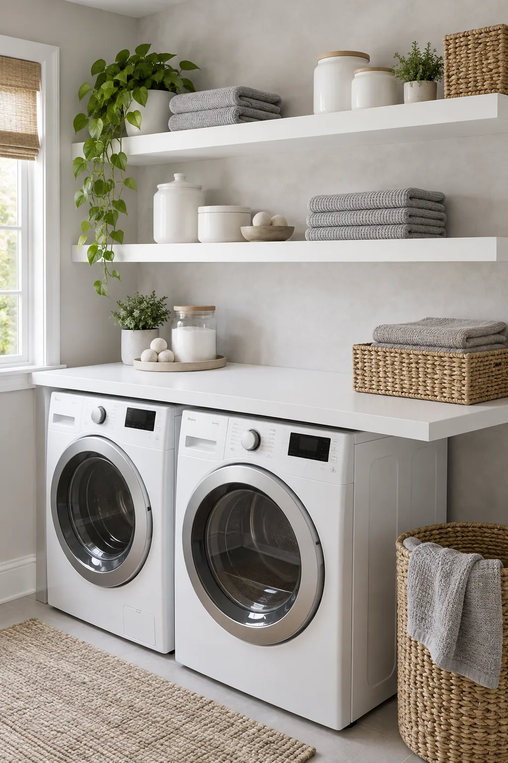 Minimalist laundry room with thick white floating shelves against a light grey plaster wall.