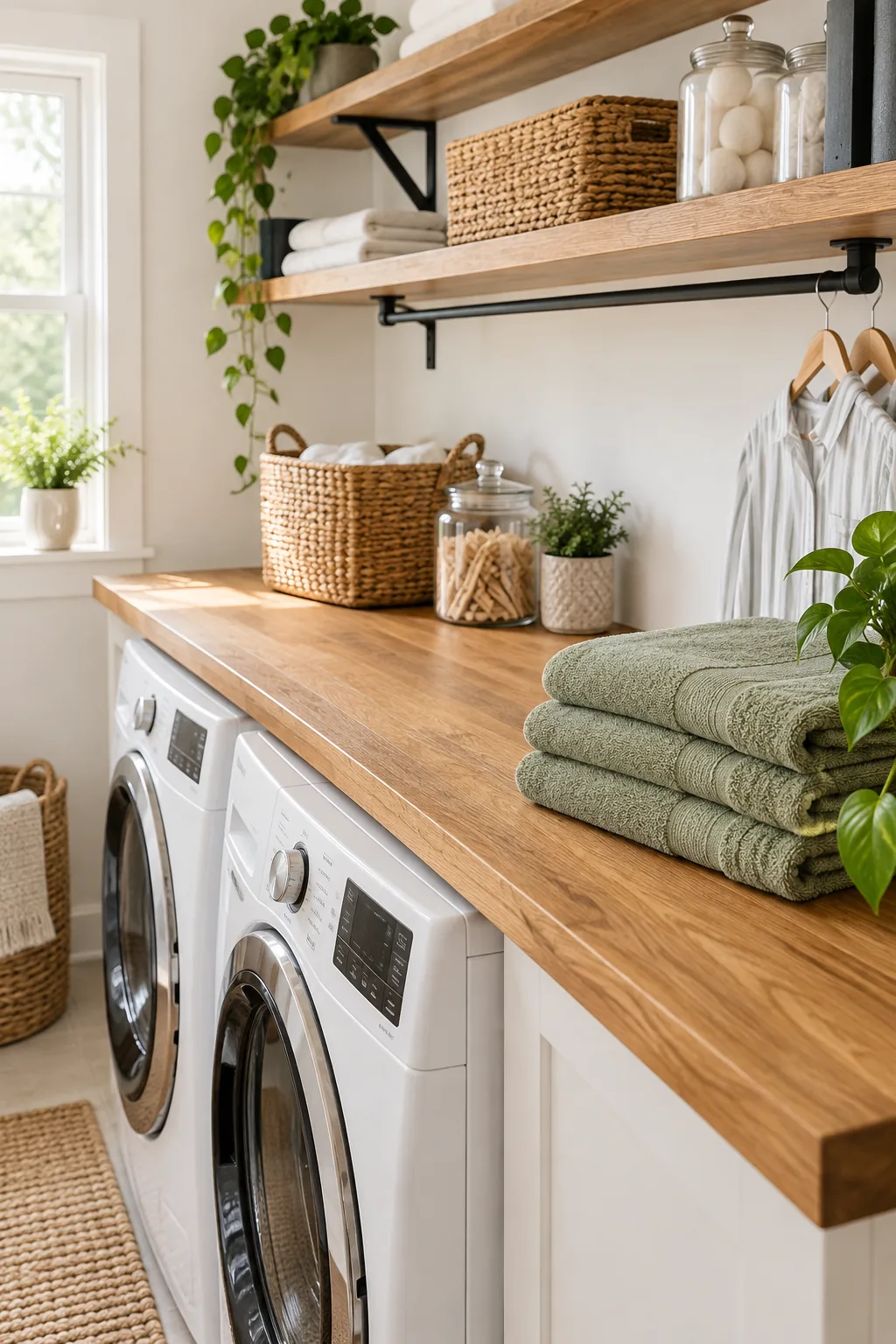 Thick oak plank resting on top of two white washing machines with a stack of folded towels.