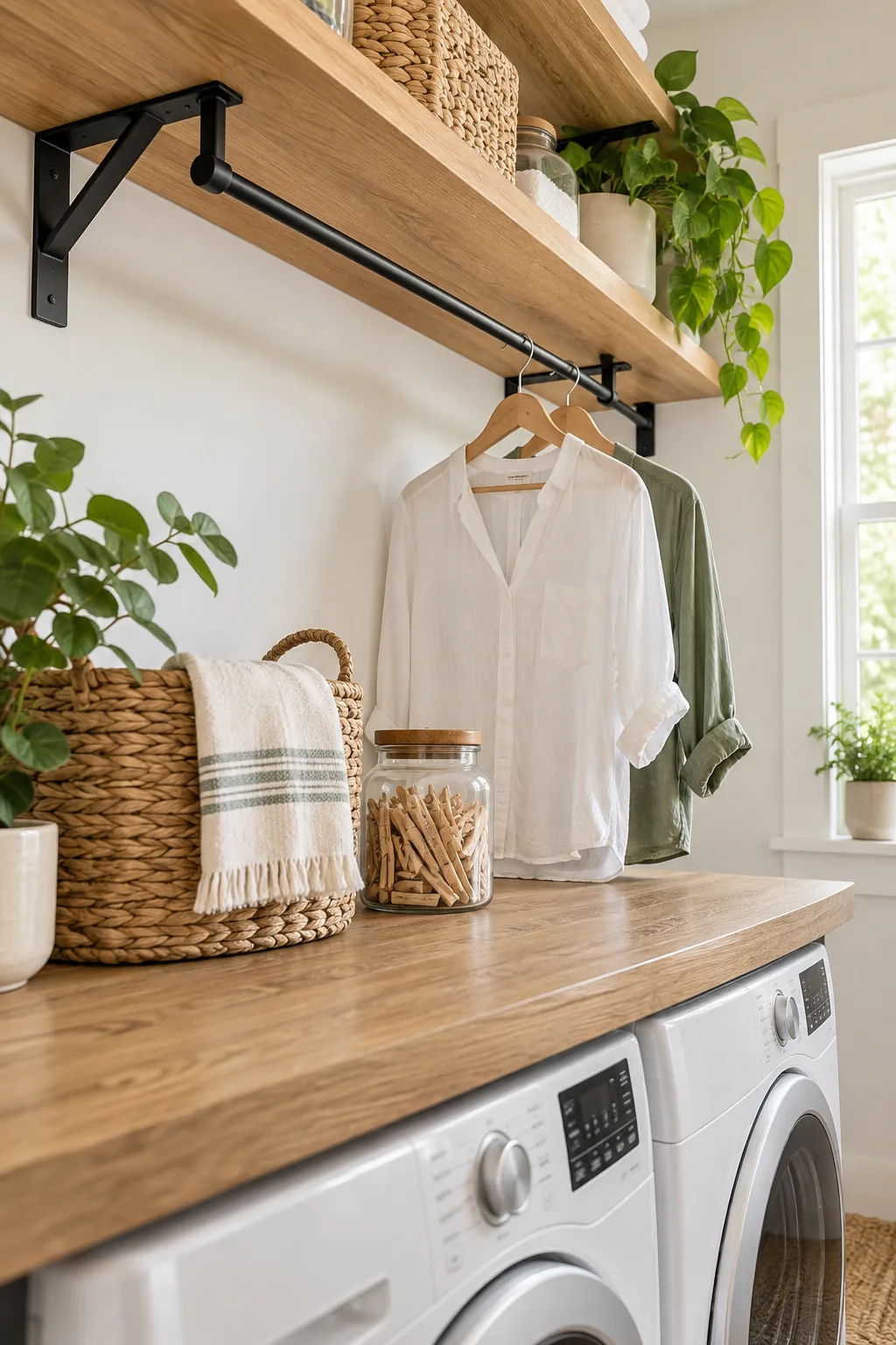 Vertical space between an oak folding plank and the lowest oak shelf, styled with a woven basket.