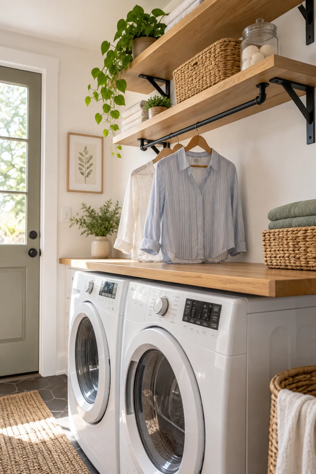 Slim black metal rod mounted under an oak shelf, holding two blouses on wooden hangers.