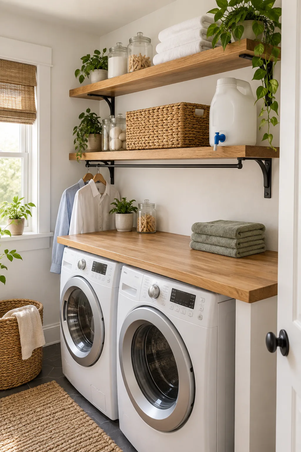 Large detergent jug with its spigot extending over the front edge of an oak shelf.