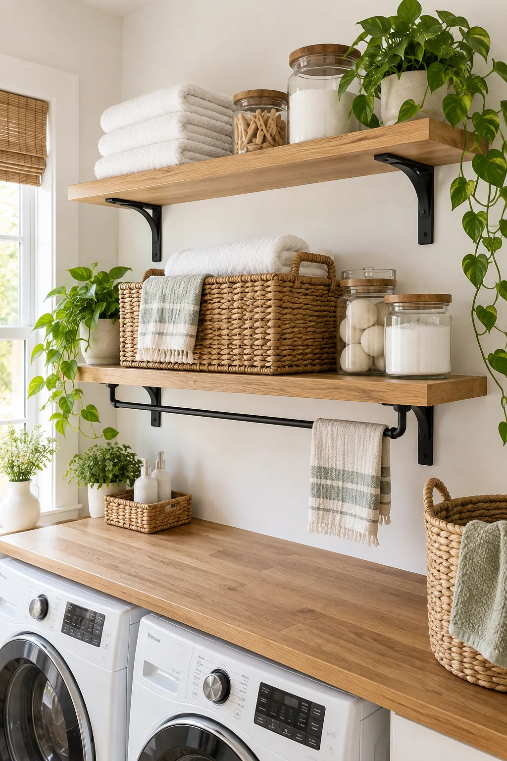 Two tiered oak shelves with woven baskets and folded towels, showing the top shelf is shallower.