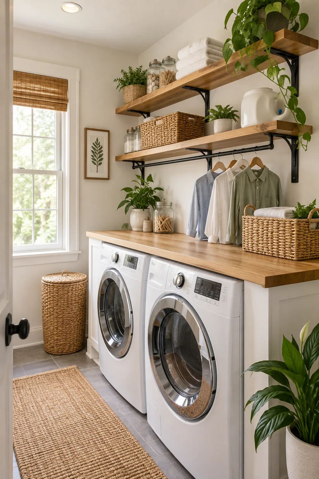 Fully styled laundry wall featuring two washing machines, an oak folding plank, and two aligned oak shelves on black brackets.