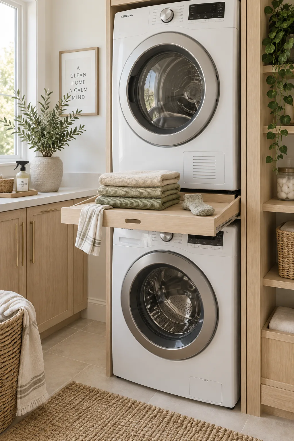Pull-out wooden folding shelf extended between a stacked washer and dryer
