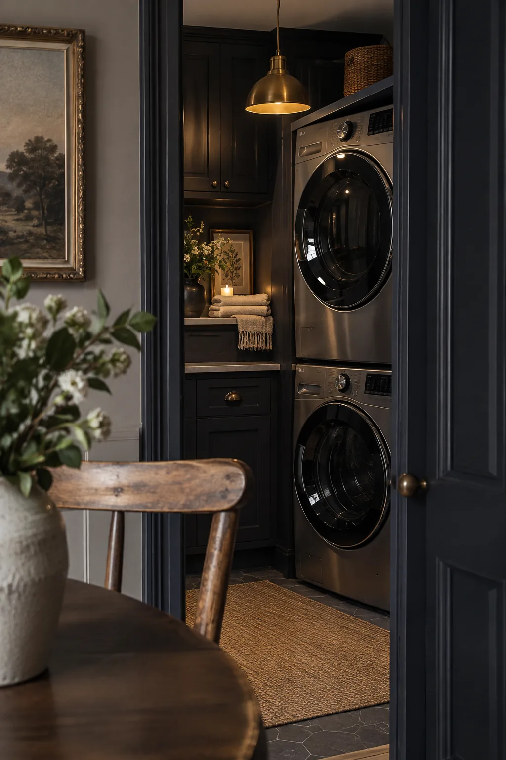 Dark charcoal laundry closet with a stacked washer and dryer