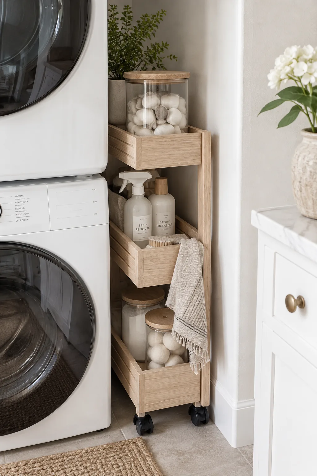 Narrow rolling storage cart pulled out from beside a stacked washer and dryer